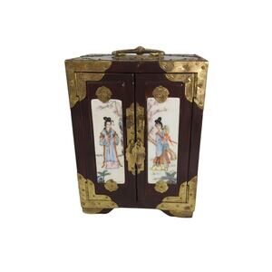 Vintage Chinese Jewelry Box Cabinet Hand Painted Panels Brass Trim